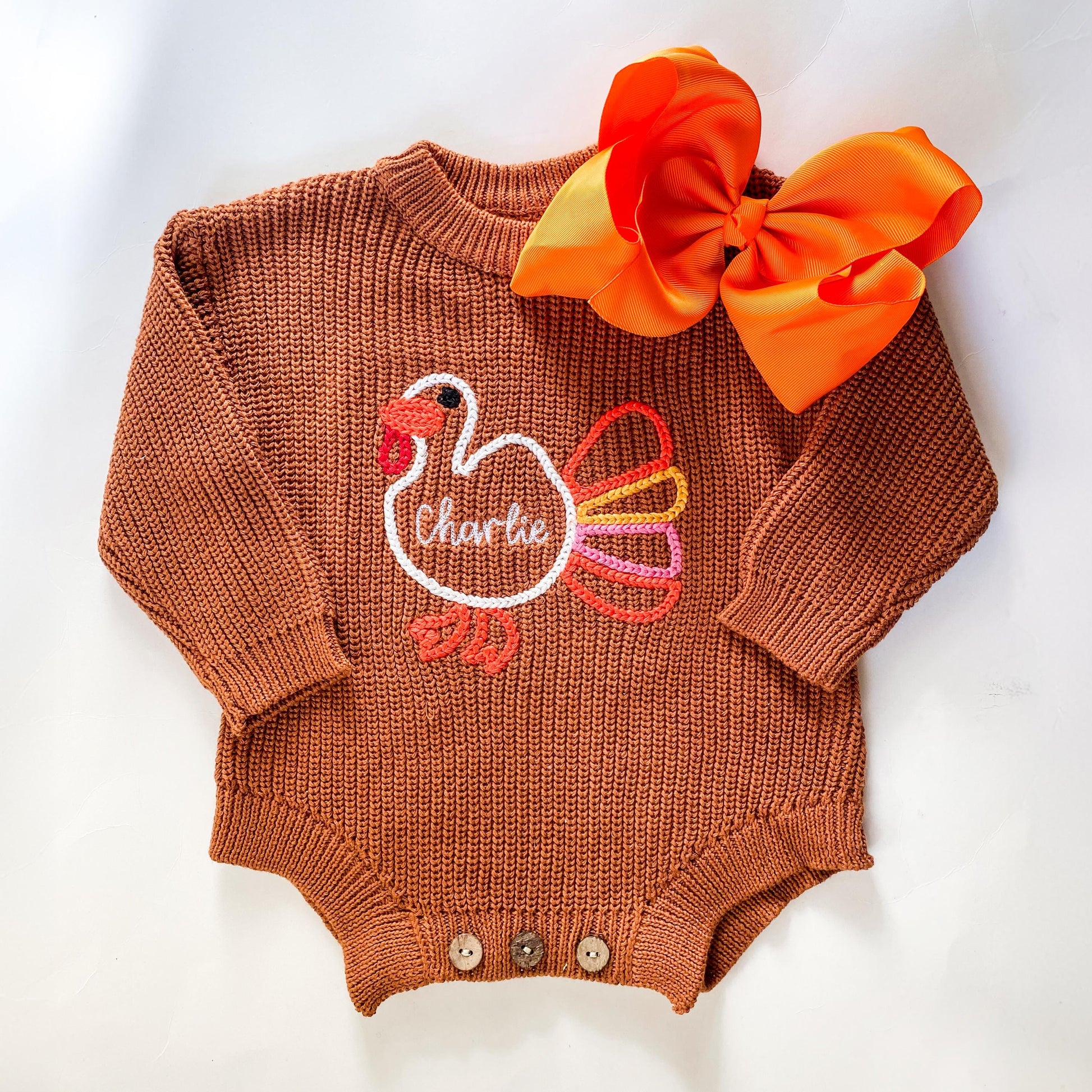 Monogrammed Baby Girl Thanksgiving Romper: Knit Turkey Design
