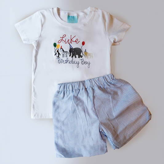 Monogrammed Birthday Boy Outfit: Embroidered Animal Party Shirt & Shorts - Savannah Creations