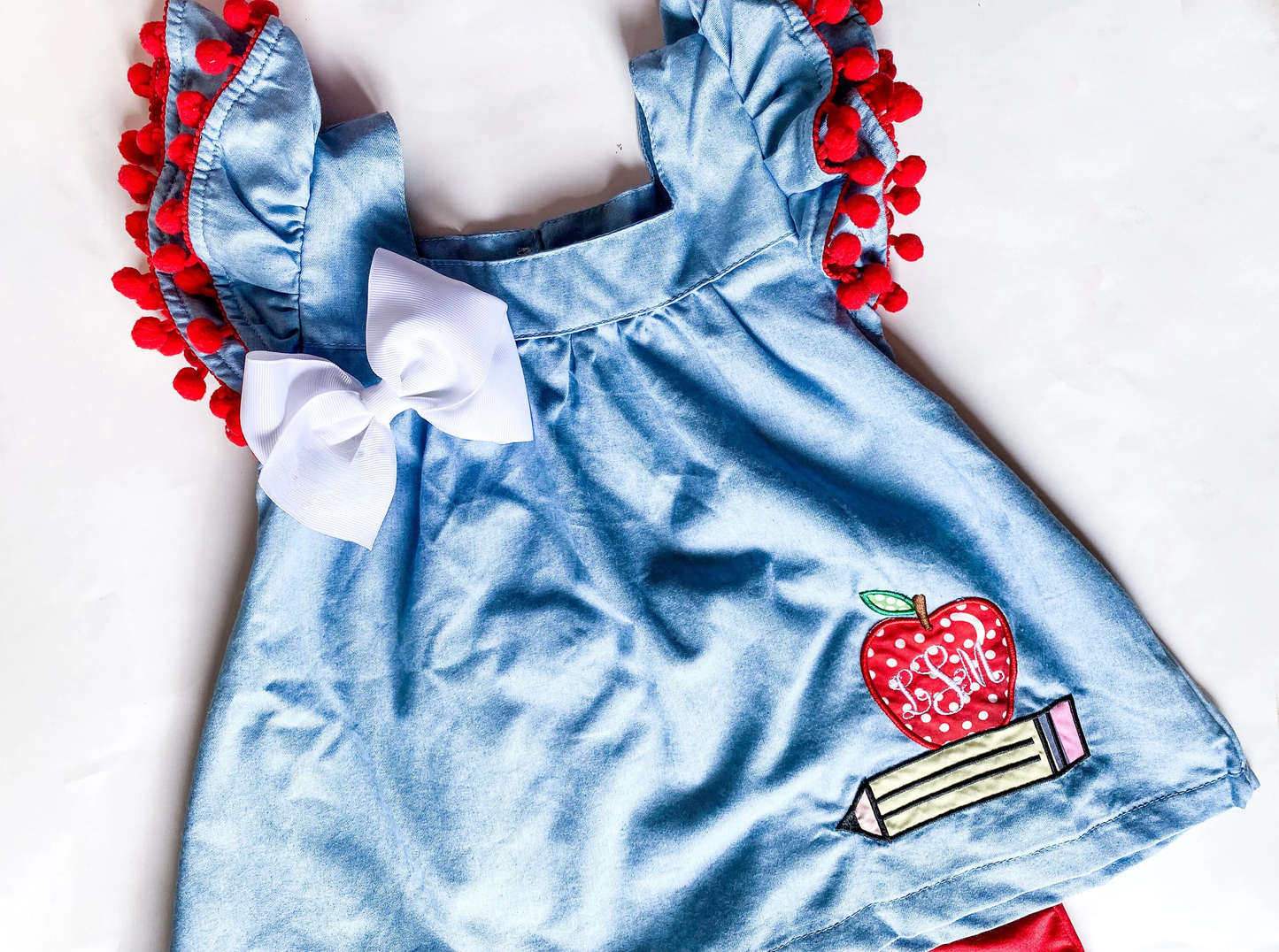 Monogrammed Girls' Back-to-School Pom Pom Dress Set - Savannah Creations