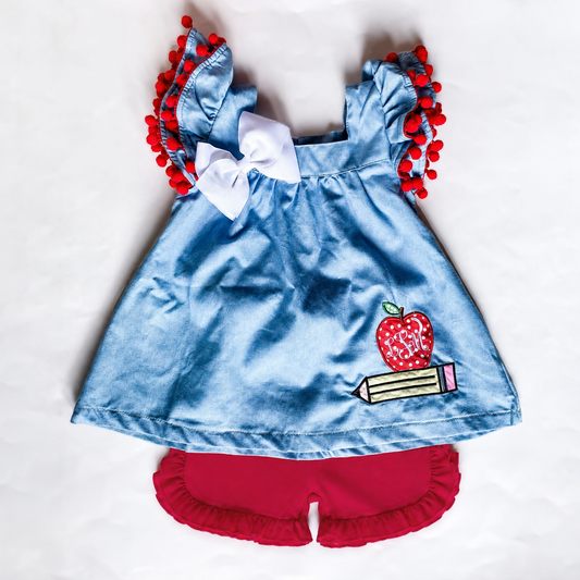 Monogrammed Girls' Back-to-School Pom Pom Dress Set - Savannah Creations