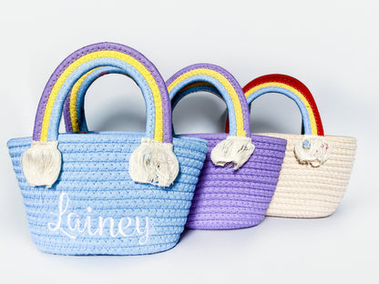 Monogrammed Rainbow Handle Woven Purse: Kids Summer Accessory