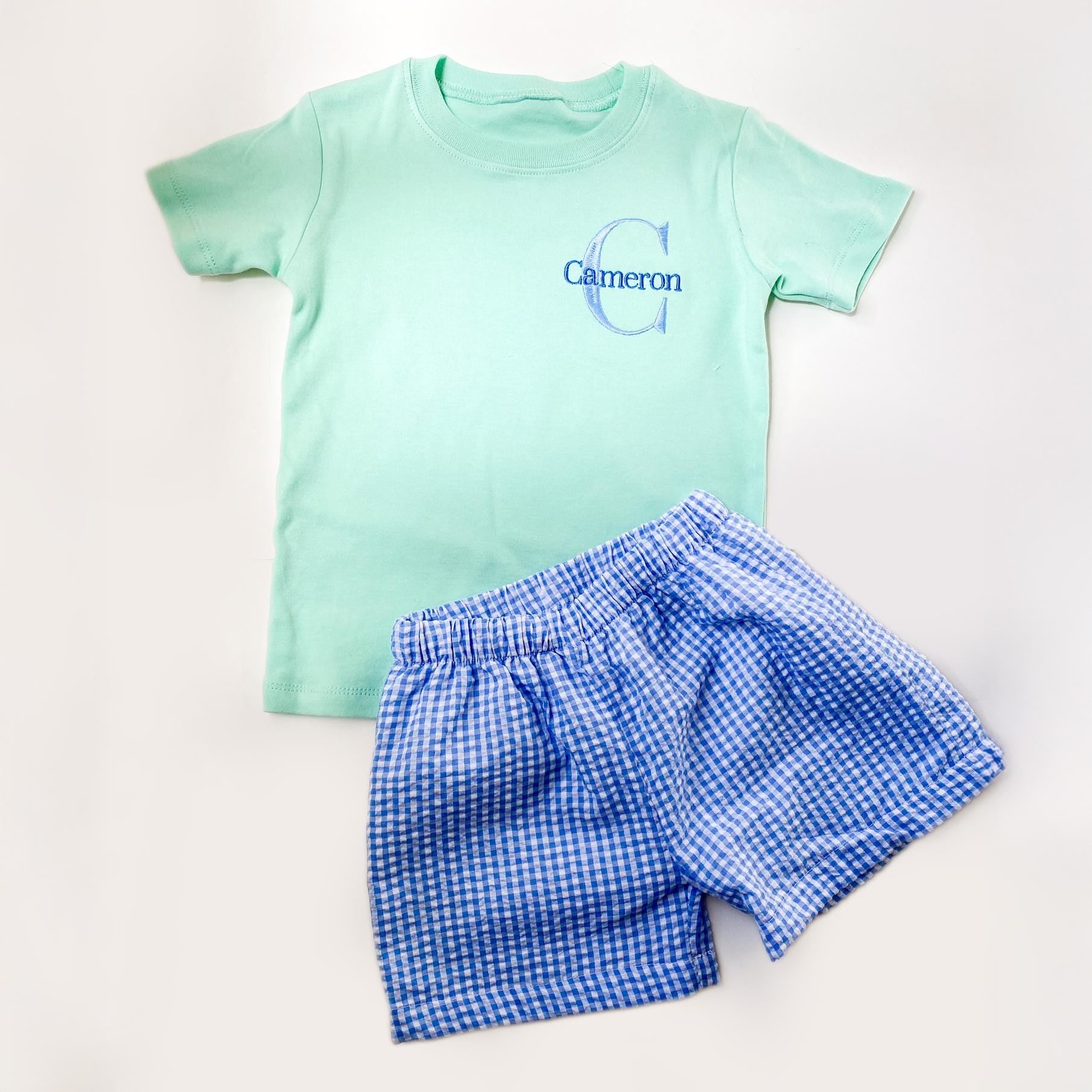 Monogrammed Sibling Outfit Set: Embroidered Dress & Shorts
