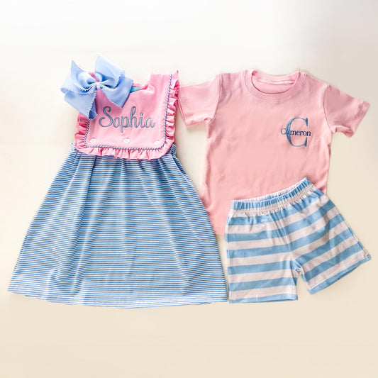 Monogrammed Sibling Outfit: Embroidered Dress & Shorts Set
