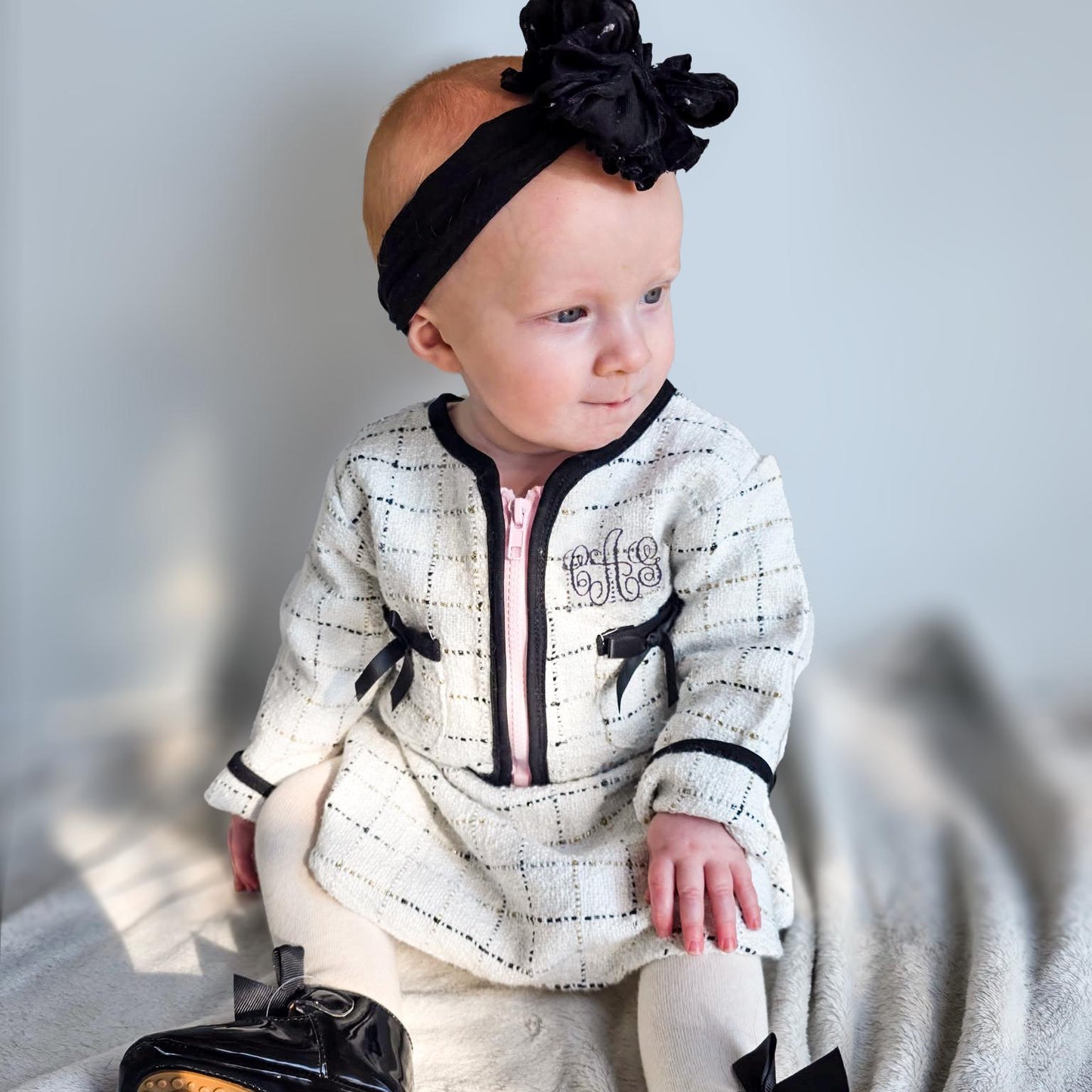 Girl's Monogrammed Tweed Dress and Jacket Baby, Toddler Outfit Set with Bow Pockets