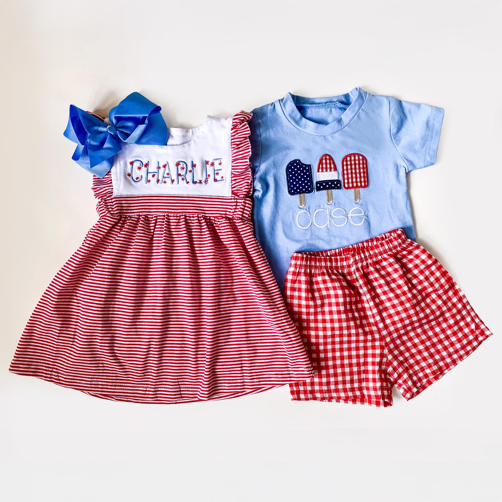 Monogrammed 4th Of July Outfit: Girl's Dress & Boy's Shorts Set