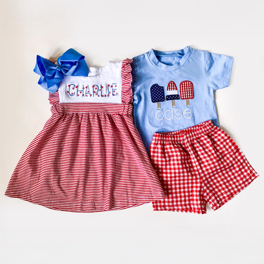 Monogrammed 4th Of July Outfit: Girl's Dress & Boy's Shorts Set