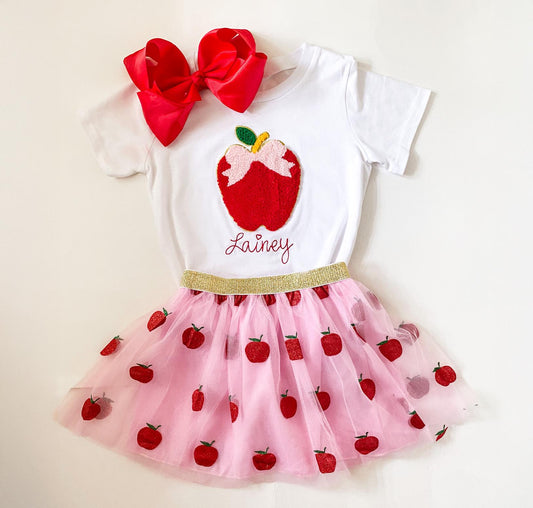 Monogrammed Apple Outfit: Embroidered Top & Tutu - First Day of School