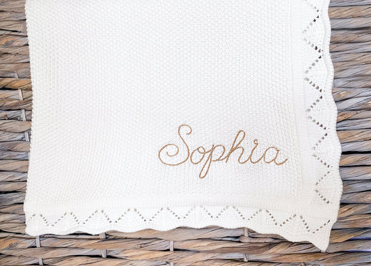 Monogrammed Baby Blanket: Scallop Edge, Embroidered 100% Cotton Knit