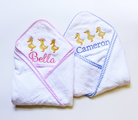 Monogrammed Baby Hooded Towel: Duck Theme, Gingham Trim