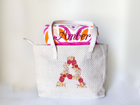Monogrammed Beach Towel and Straw Tote Bag, Embroidered Gift Set