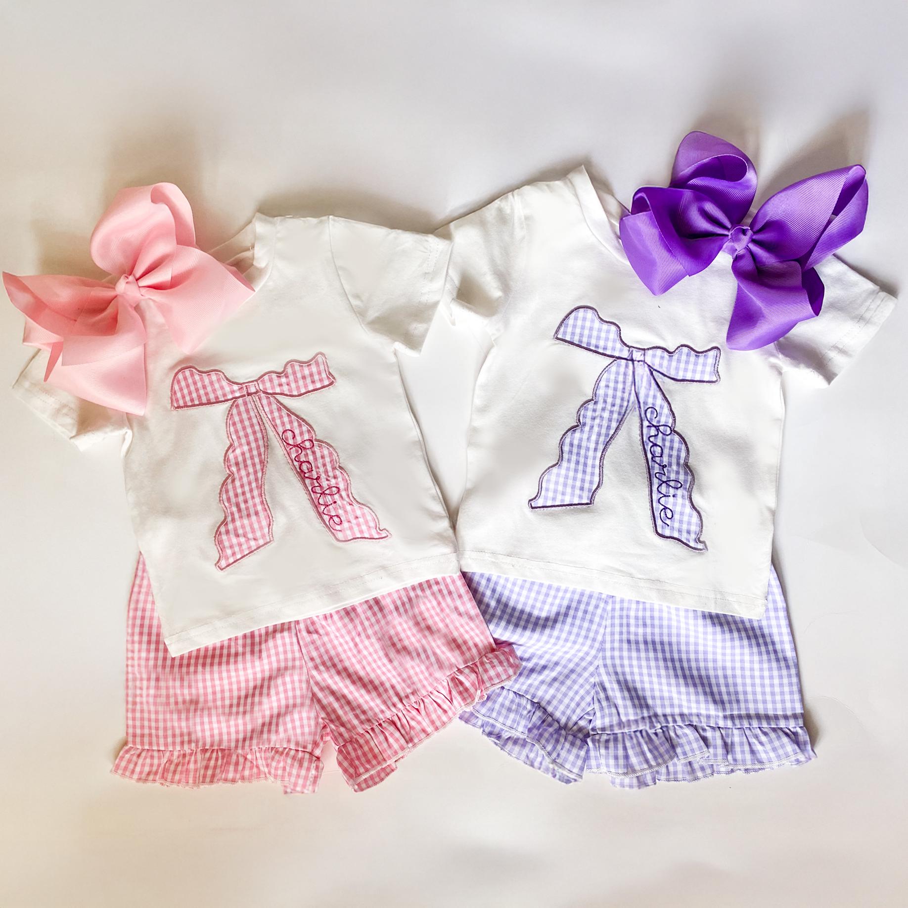 Monogrammed Bow Top & Ruffle Shorts Set: Coquette Baby Girl Outfit
