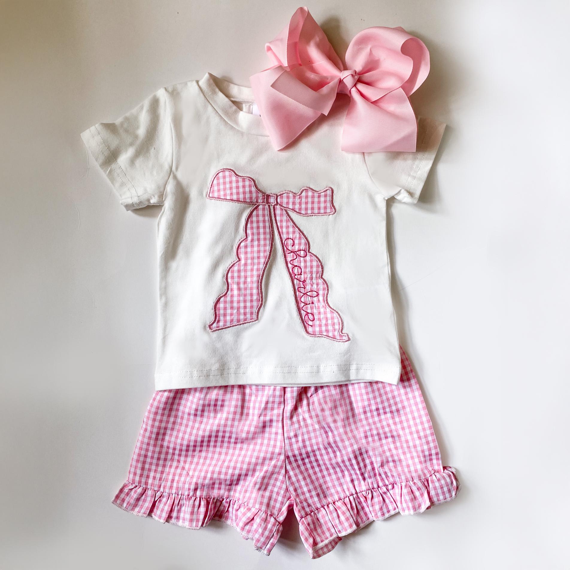 Monogrammed Bow Top & Ruffle Shorts Set: Coquette Baby Girl Outfit
