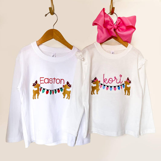 Monogrammed Christmas Shirt: Pima Cotton Reindeer Lights, Sibling Outfit