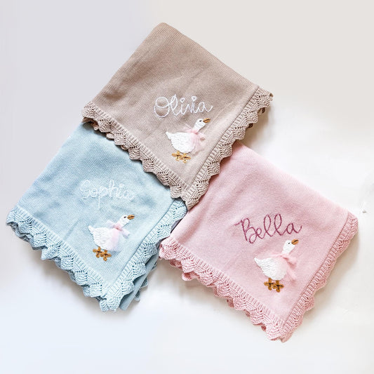 Monogrammed Goose Baby Blanket: Custom Knit Cotton Receiving Blanket