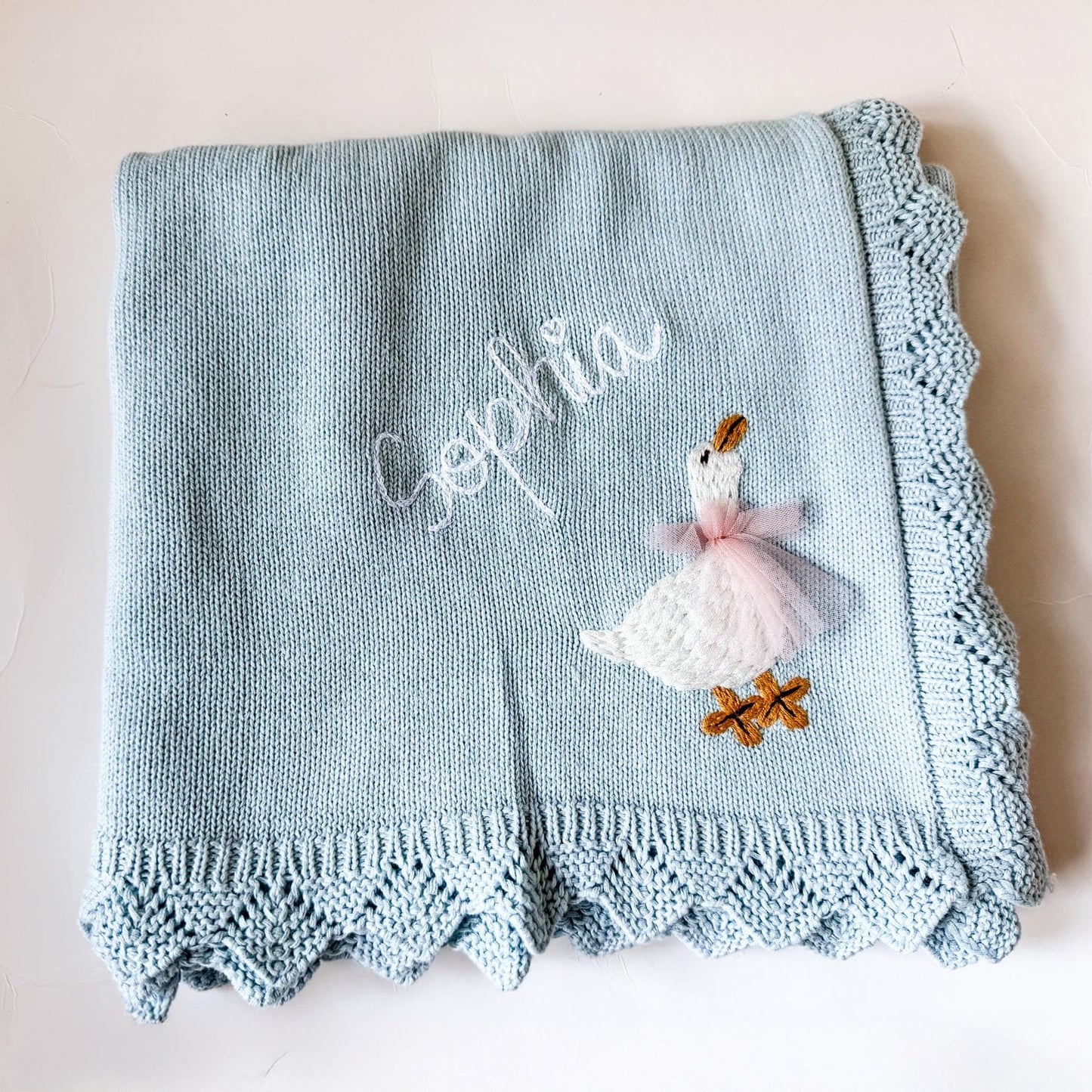 Monogrammed Goose Baby Blanket: Custom Knit Cotton Receiving Blanket