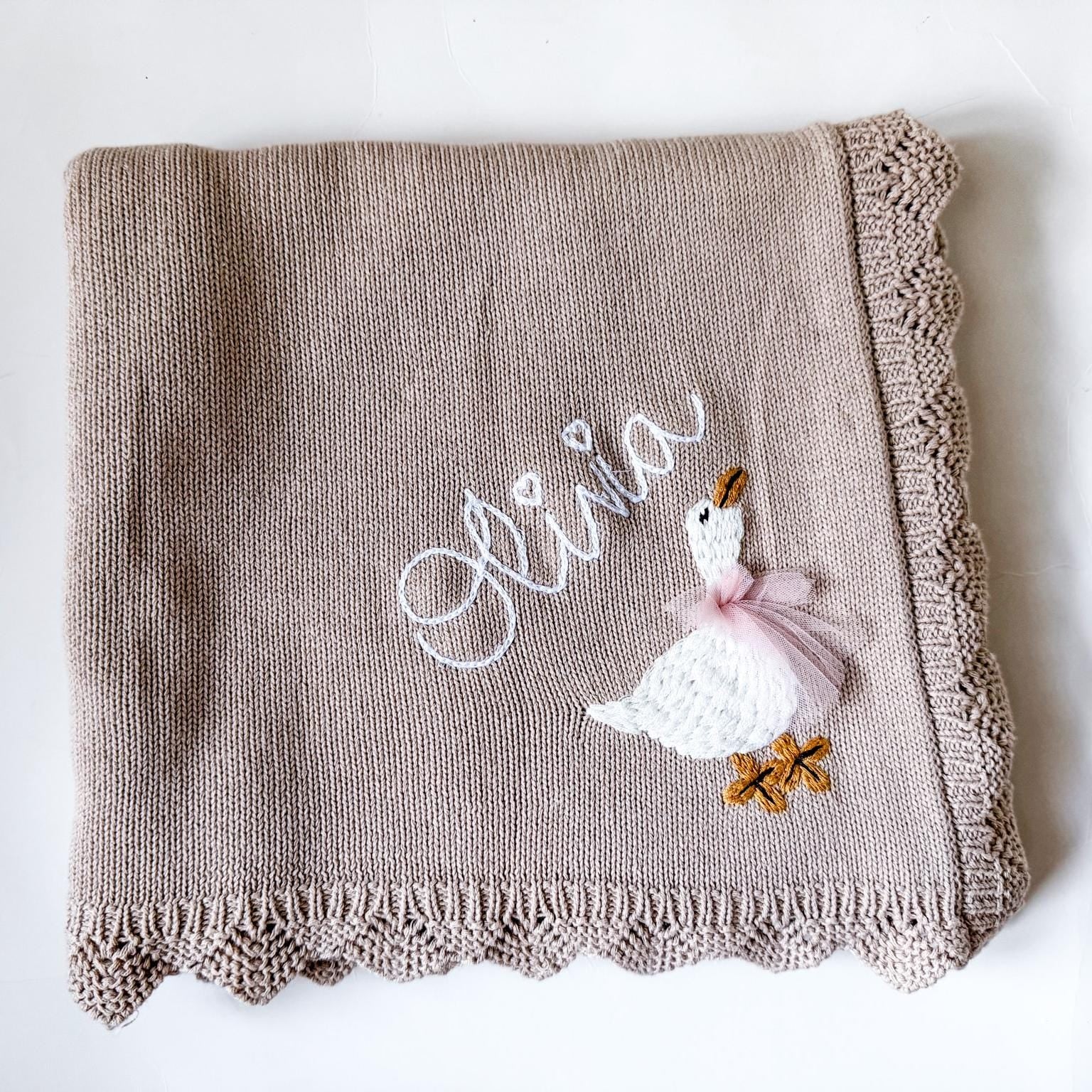 Monogrammed Goose Baby Blanket: Custom Knit Cotton Receiving Blanket