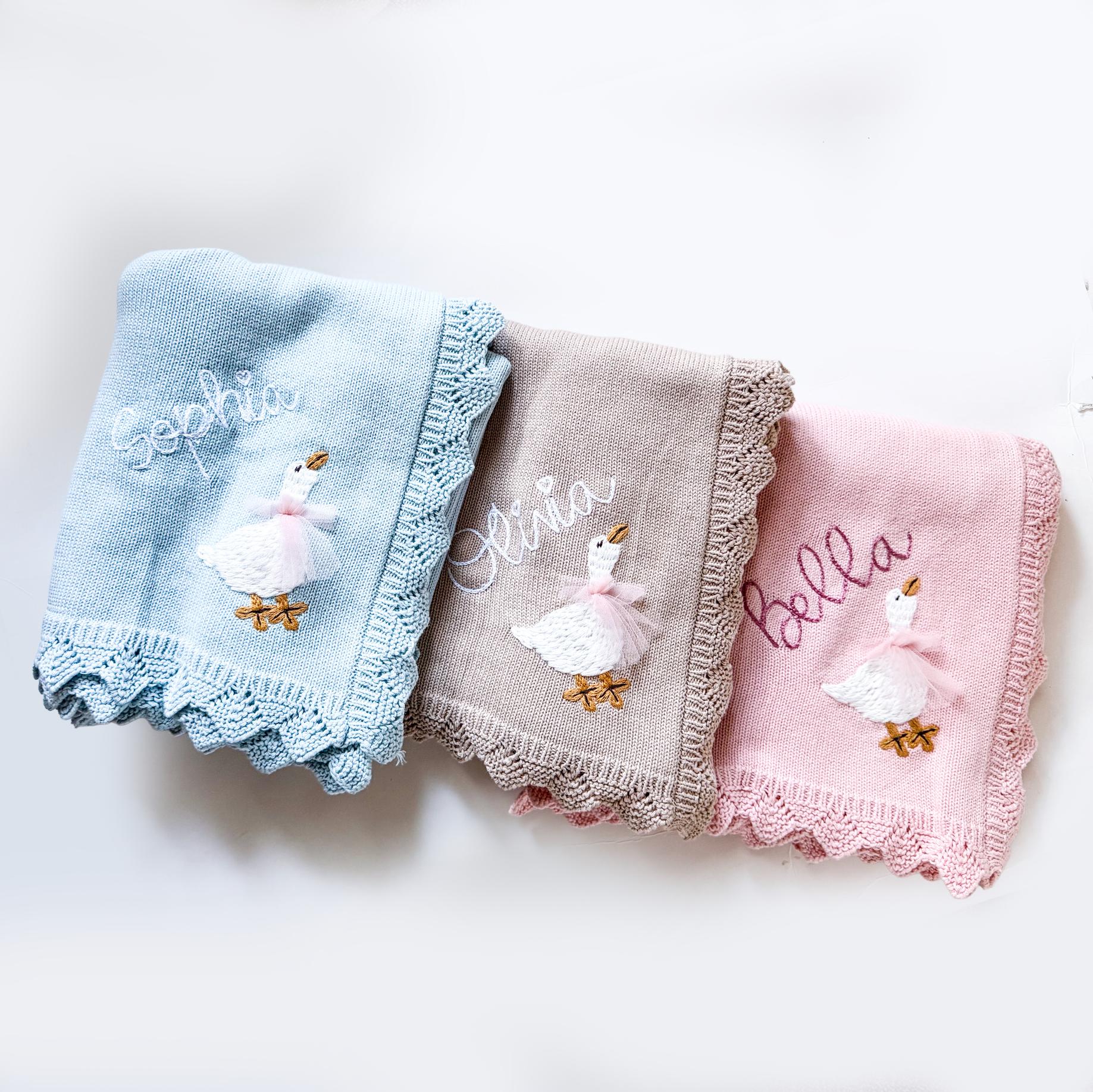 Monogrammed Goose Baby Blanket: Custom Knit Cotton Receiving Blanket