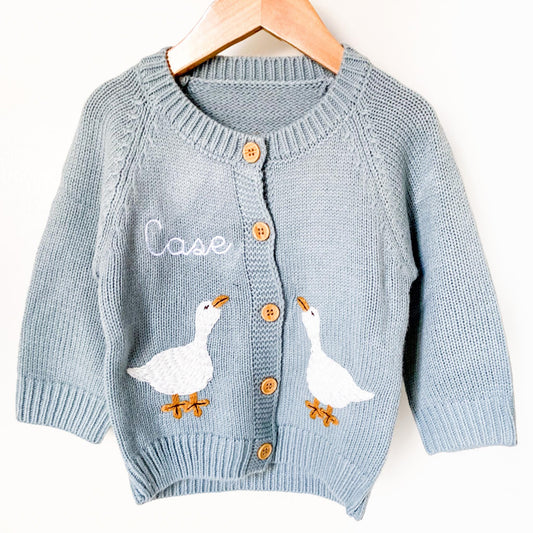 Monogrammed Goose Baby Cardigan: Embroidered Personalized Newborn Gift