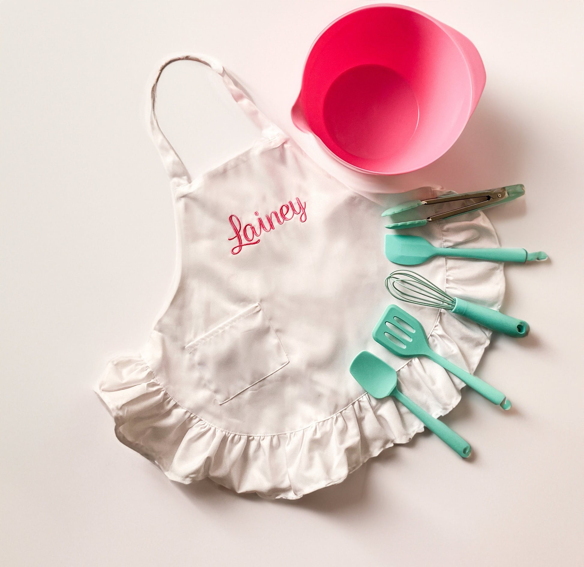 Monogrammed Kid's Apron Set: Ruffle Apron, Cooking Utensils, Birthday Gift