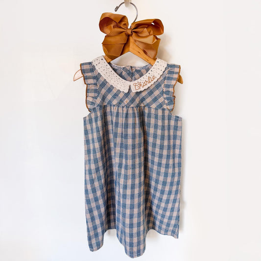 Monogrammed Plaid Dress | Embroidered Lace Collar, Boutique Toddler Outfit