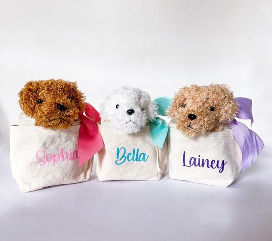 Monogrammed Puppy Party Favor: Personalized Purse with Plush Dog