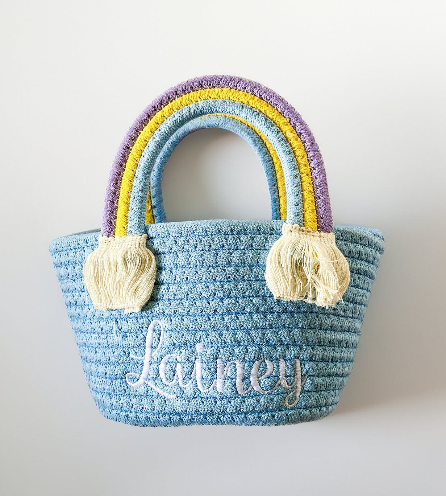 Monogrammed Rainbow Handle Woven Purse: Kids Summer Accessory