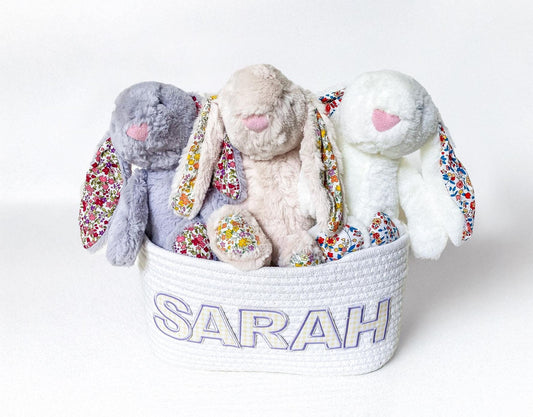 Monogrammed Rope Basket with Floral Bunnies: Easter Gift, Baby Shower