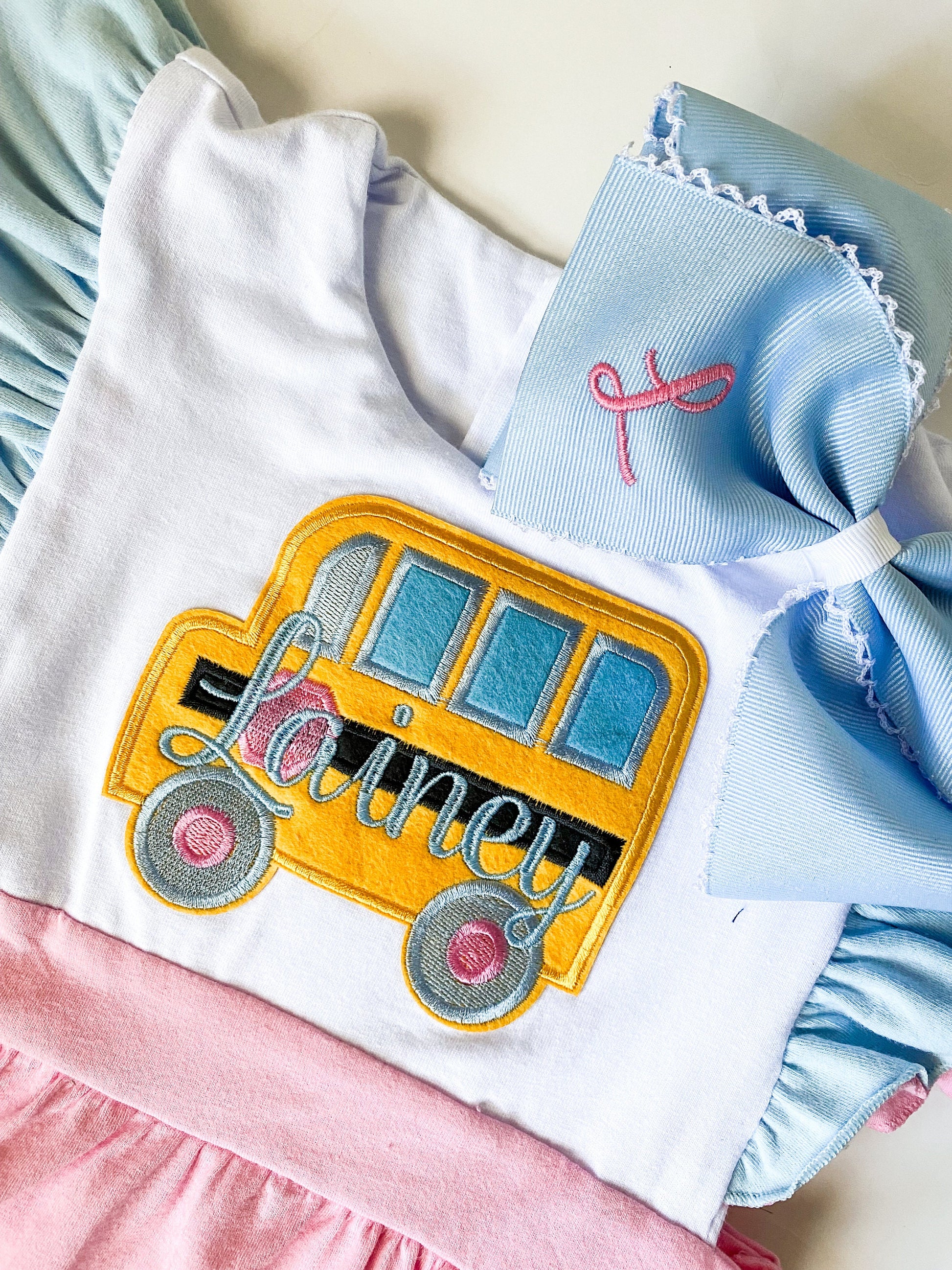 Monogrammed School Bus Outfit: Ruffle Shorts, First Day of School