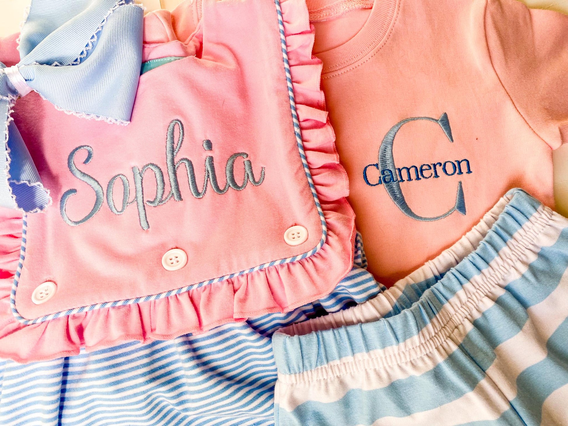 Monogrammed Sibling Outfit: Embroidered Dress & Shorts Set