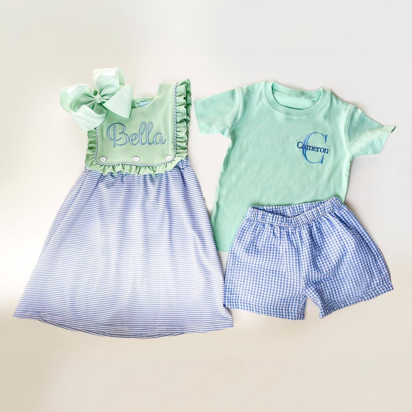 Monogrammed Sibling Outfit Set: Embroidered Dress & Shorts
