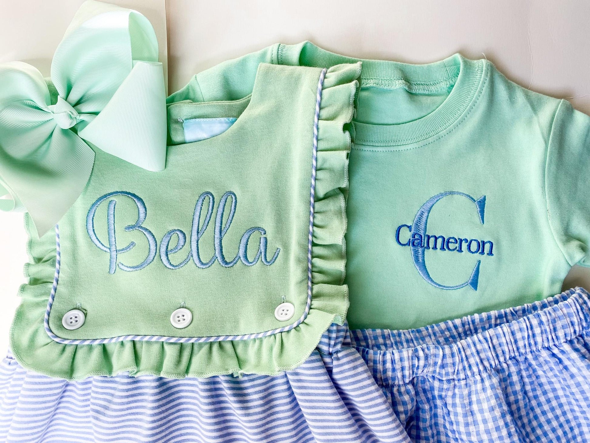 Monogrammed Sibling Outfit Set: Embroidered Dress & Shorts