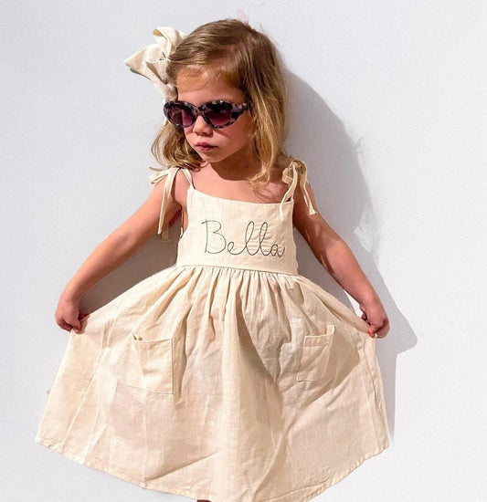Monogrammed Toddler Cotton Linen Dress: Tie Strap Bow, Personalized Birthday Gift