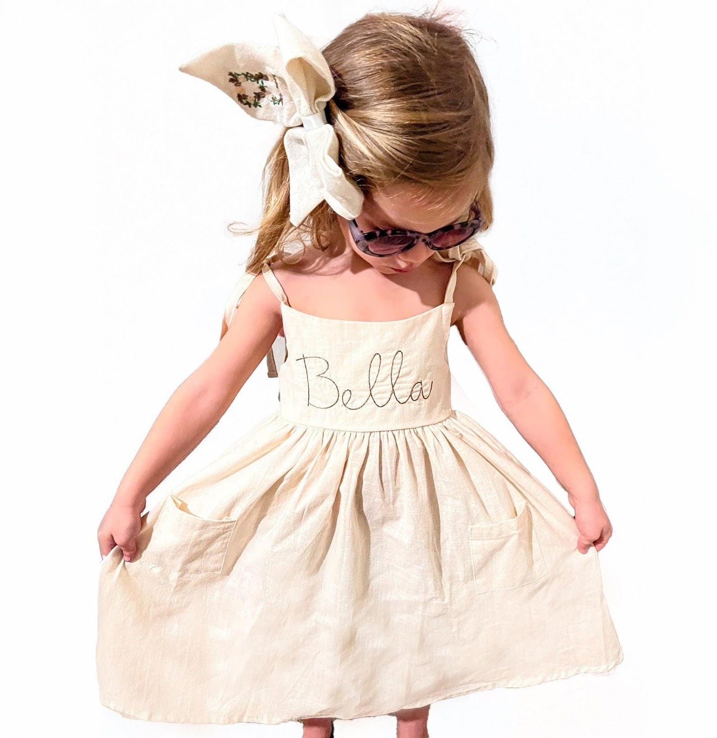 Monogrammed Toddler Cotton Linen Dress: Tie Strap Bow, Personalized Birthday Gift