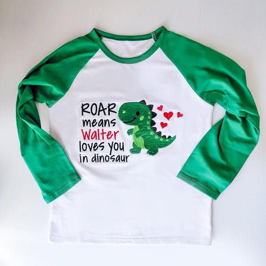 Monogrammed Valentine's Day Boy Outfit: Rawer means I love you in dinosaur with name