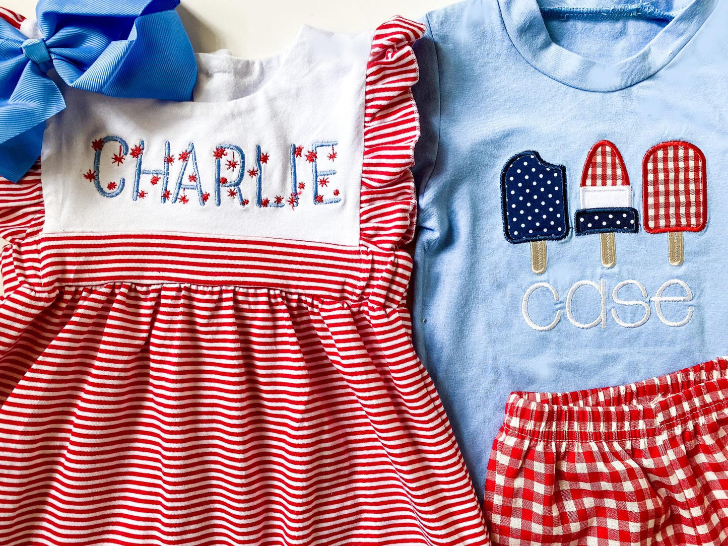 Monogrammed 4th Of July Outfit: Girl's Dress & Boy's Shorts Set
