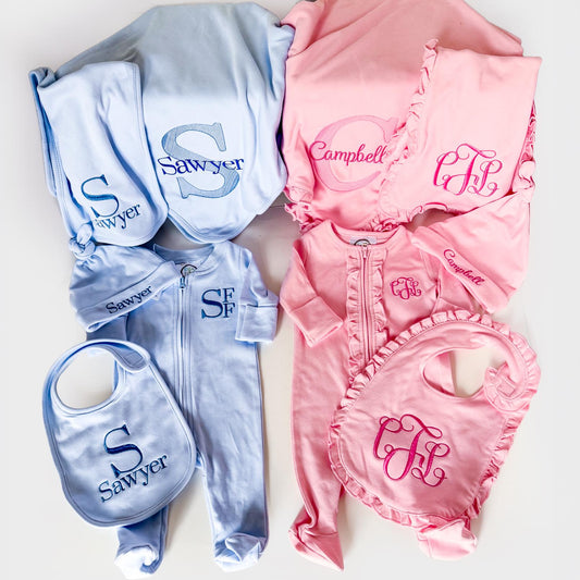 Personalized Baby Coming Home Set, Monogram Baby Gift Set, Newborn Blanket Hat Bib Sleeper Set, Baby Shower Gift, Hospital Outfit __etsy:8046942512