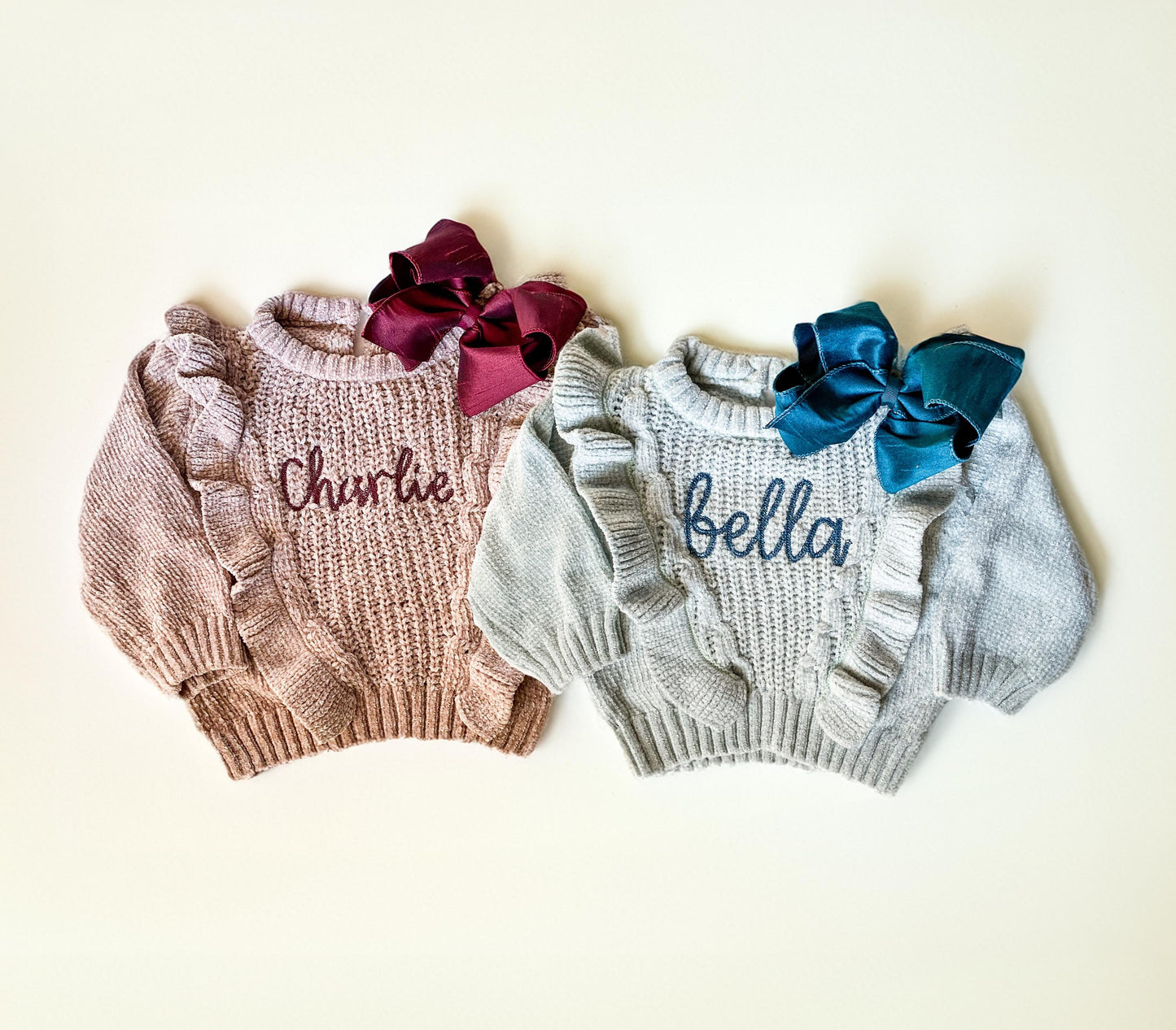 Monogrammed Baby Girl Chunky Knit Sweater, Personalized Name, Bow Outfit