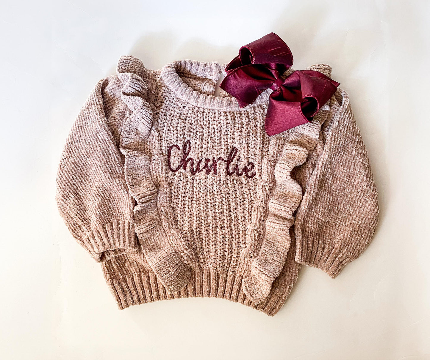 Monogrammed Baby Girl Chunky Knit Sweater, Personalized Name, Bow Outfit