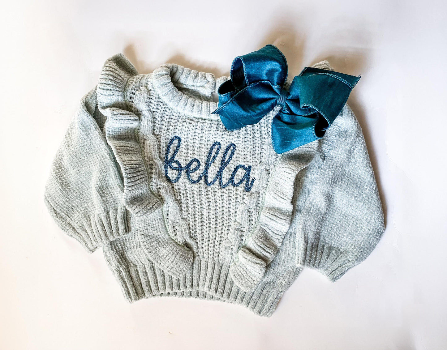 Monogrammed Baby Girl Chunky Knit Sweater, Personalized Name, Bow Outfit
