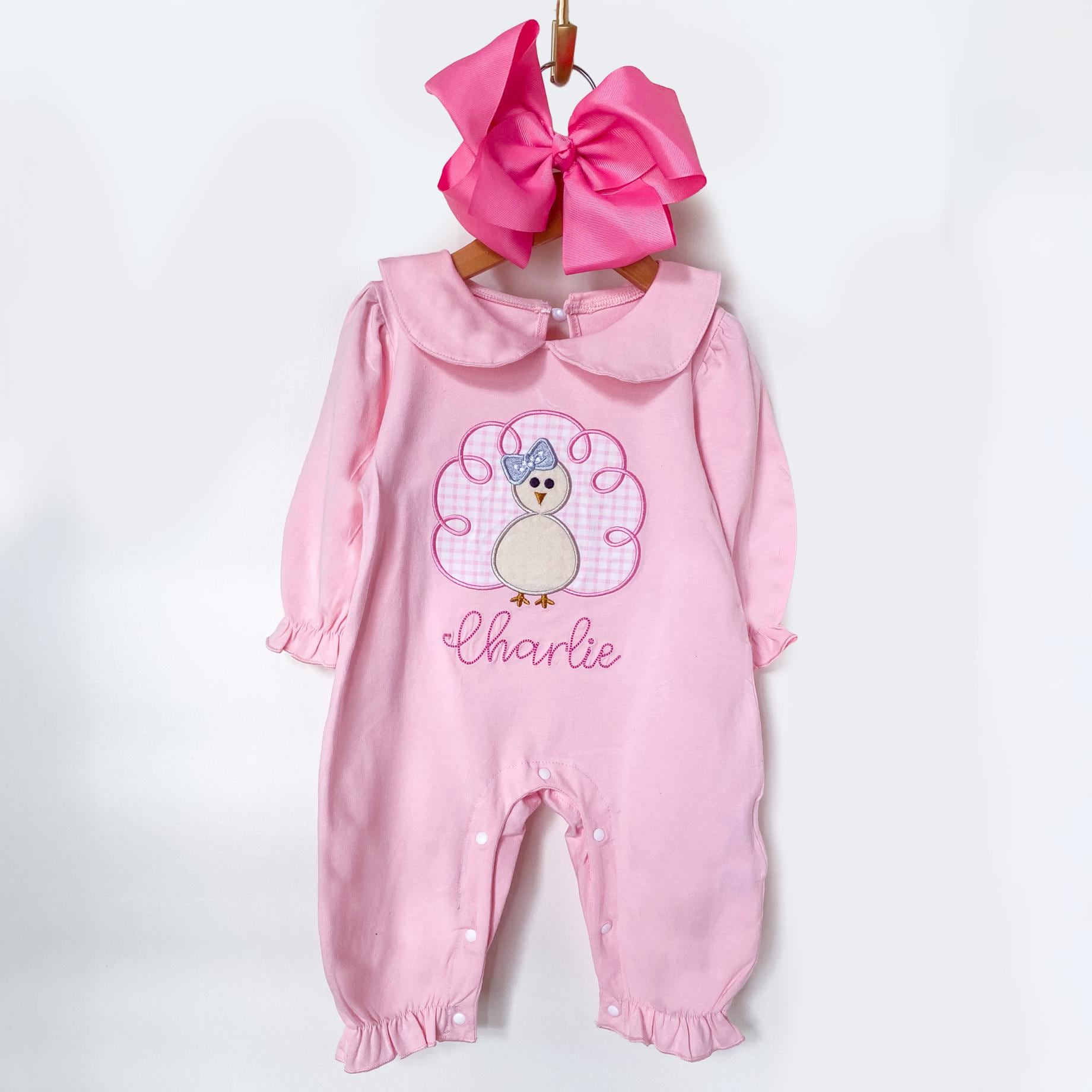 Personalized Baby Girl Thanksgiving Romper: Embroidered Turkey, Monogrammed