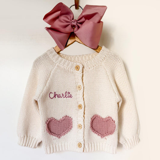 Personalized Baby Cardigan: Embroidered Name, heart knitted Sweater