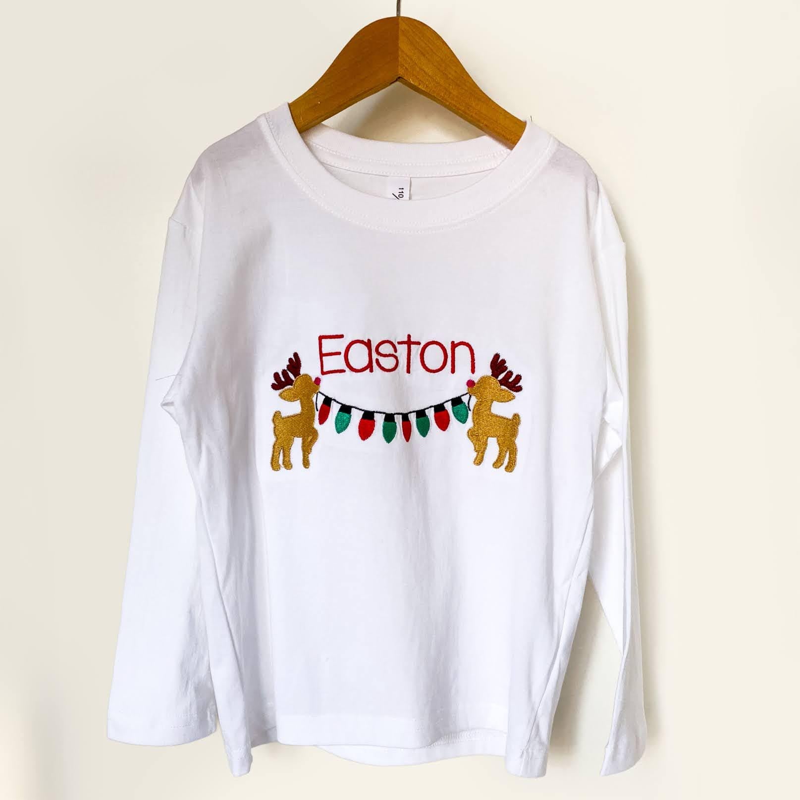 Monogrammed Christmas Shirt: Pima Cotton Reindeer Lights, Sibling Outfit