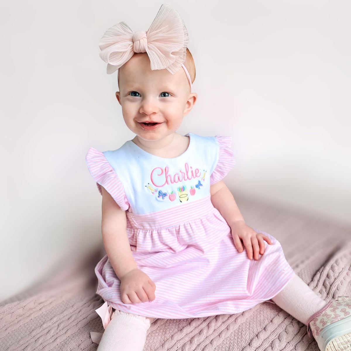 Personalized Embroidered Crayon Dress – Girls Back to School Outfit, Toddler Custom Name __etsy:8018397953