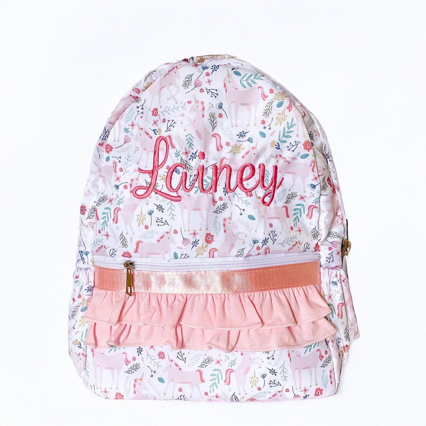 Girls Unicorn Butterfly Backpack, Floral Ruffle, Monogrammed