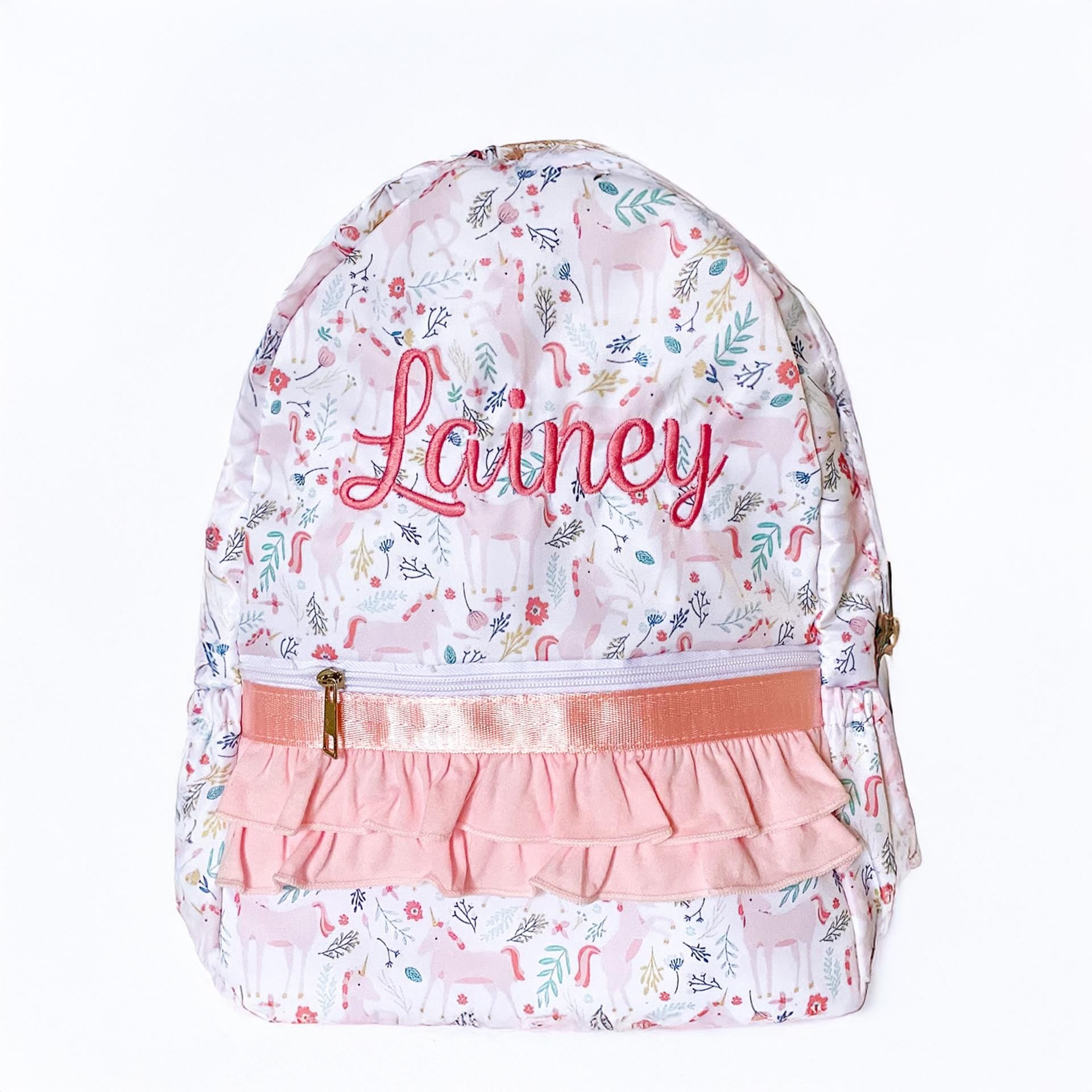 Girls Unicorn Butterfly Backpack, Floral Ruffle, Monogrammed
