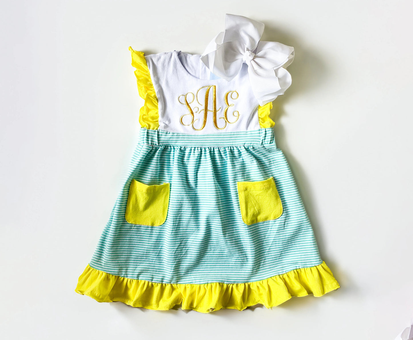 Personalized Girl's Monogrammed Dress with Matching Velvet Bow - Savannah Creations