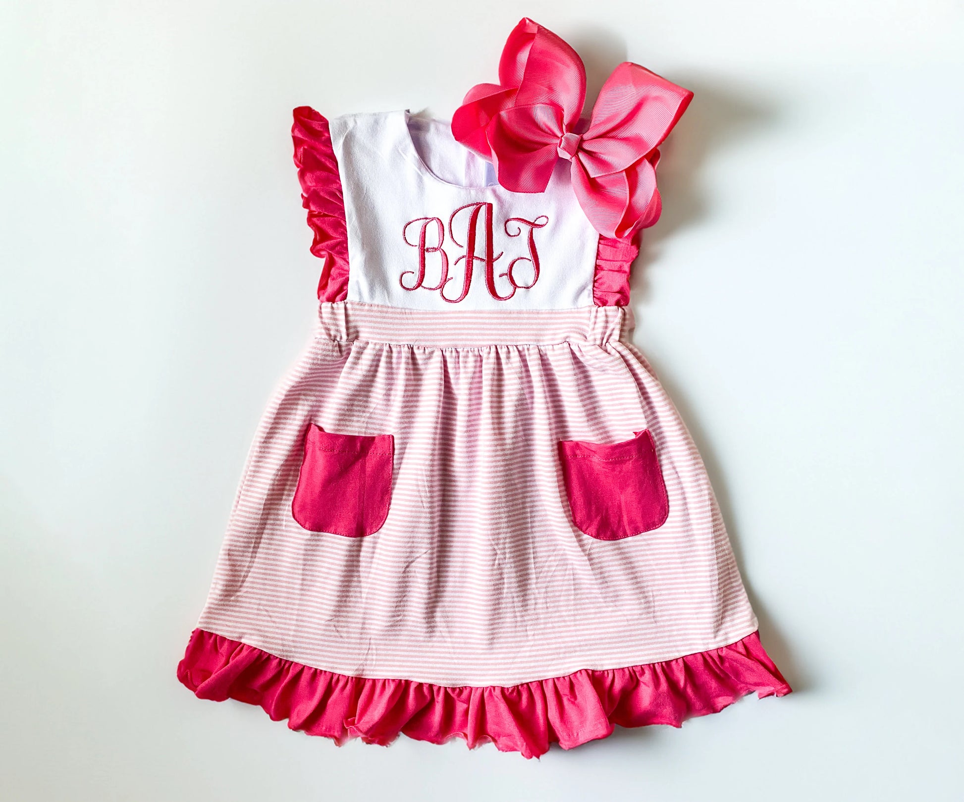 Personalized Girl's Monogrammed Dress with Matching Velvet Bow - Savannah Creations