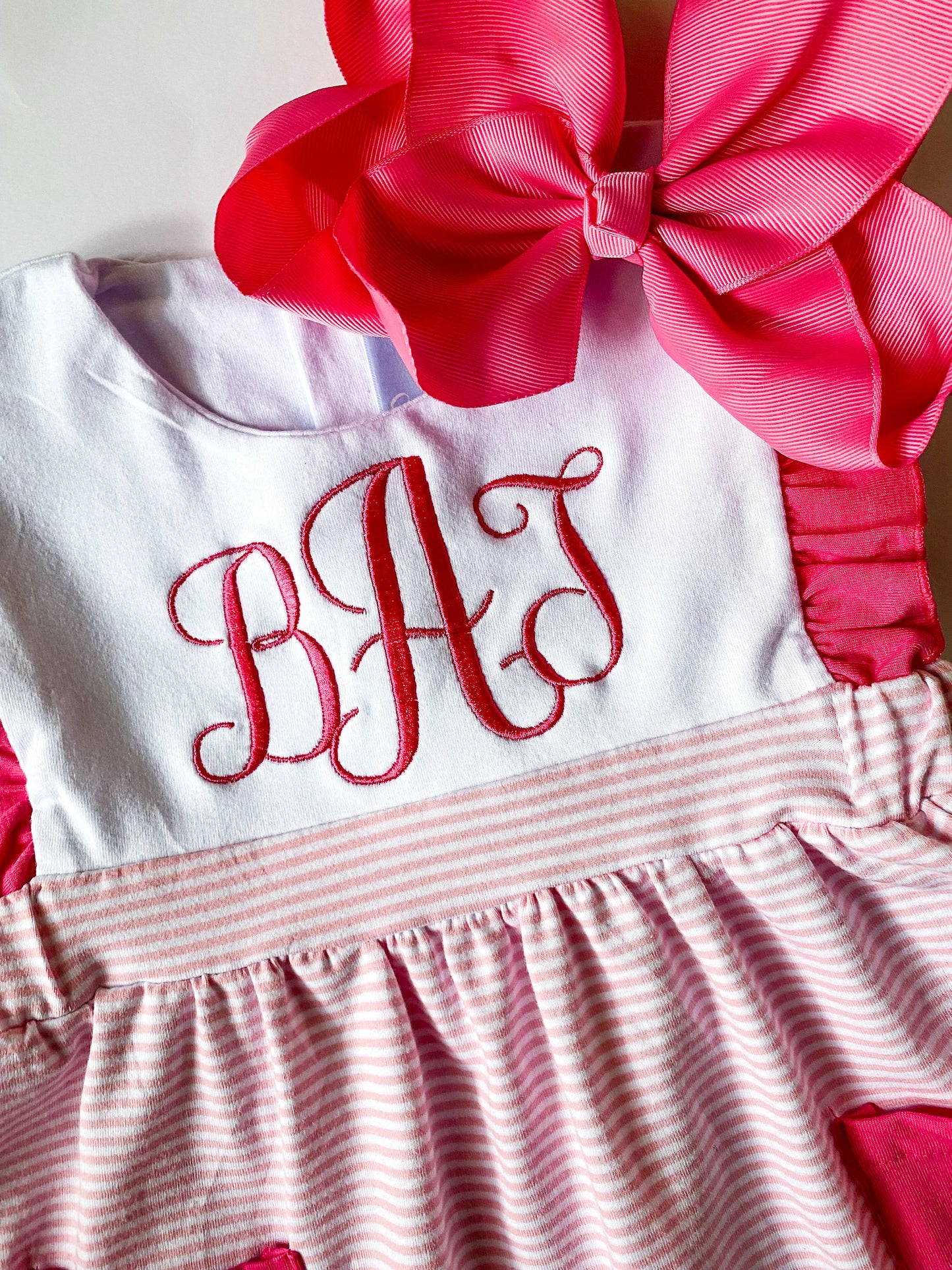 Personalized Girl's Monogrammed Dress with Matching Velvet Bow - Savannah Creations