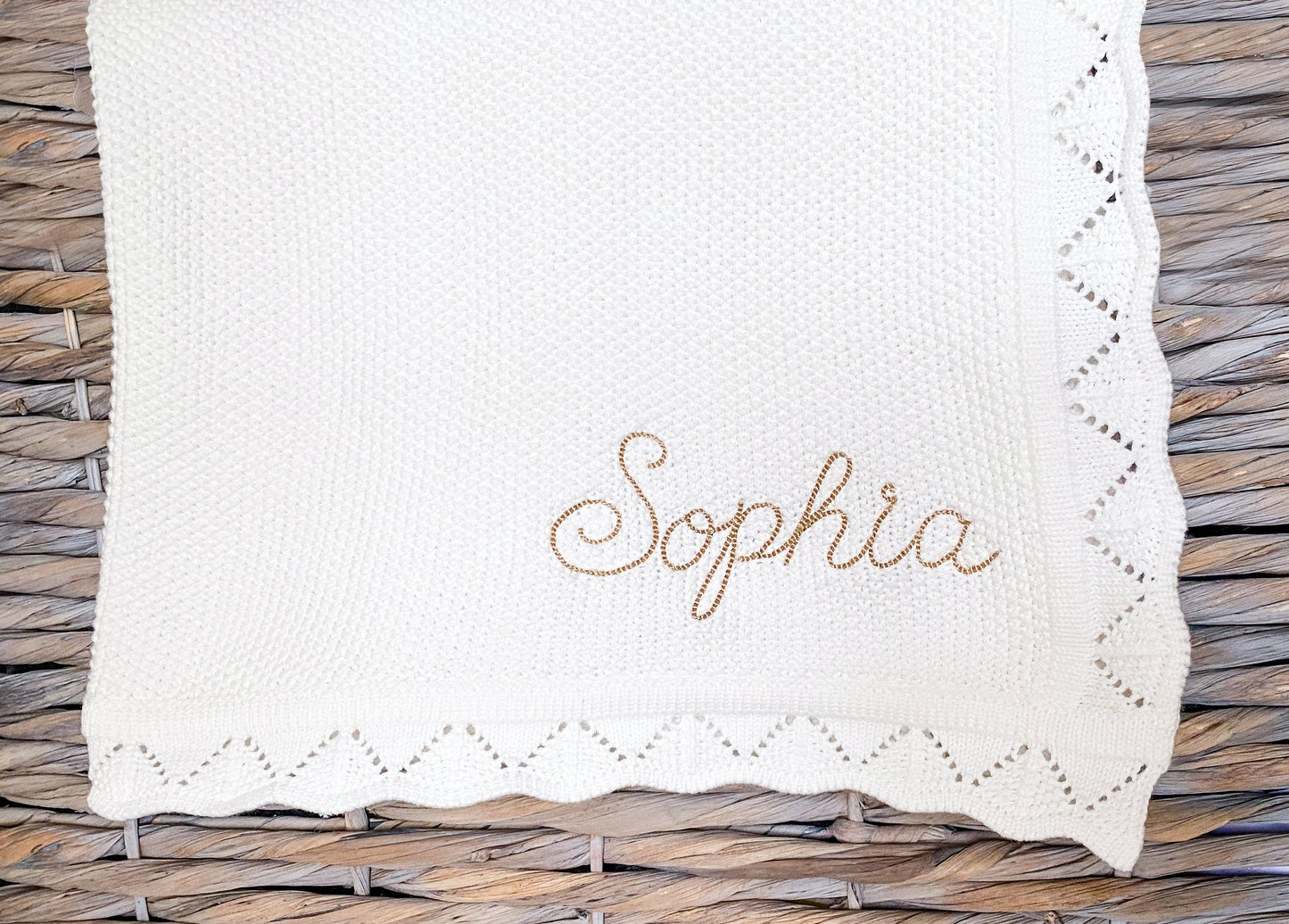 Monogrammed Baby Blanket: Scallop Edge, Embroidered 100% Cotton Knit