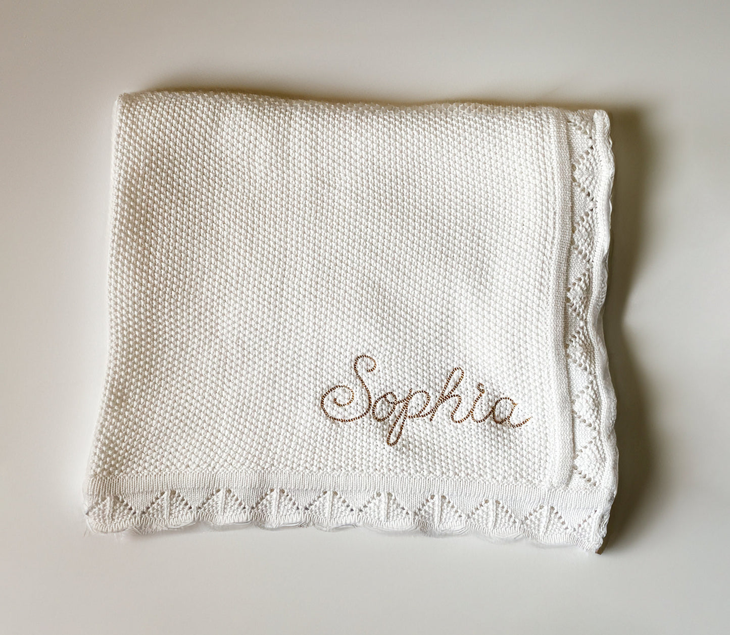 Monogrammed Baby Blanket: Scallop Edge, Embroidered 100% Cotton Knit